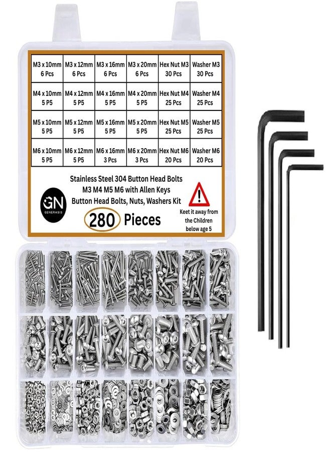 GENERASIS - M3 M4 M5 M6 | Button Head Internal Hex Cap Bolt Screw Assortment Kit | Stainless Steel 304 Grade | Internal Hex Bolts with Matching Hex Nuts (Button Head Internal Hex Cap Bolt Pack of 280) - Image 1